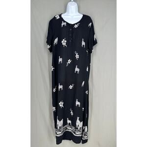 90s Vintage Dress Women XL Black Maxi Zebra Artsy Lightweight Summer Dark Floral